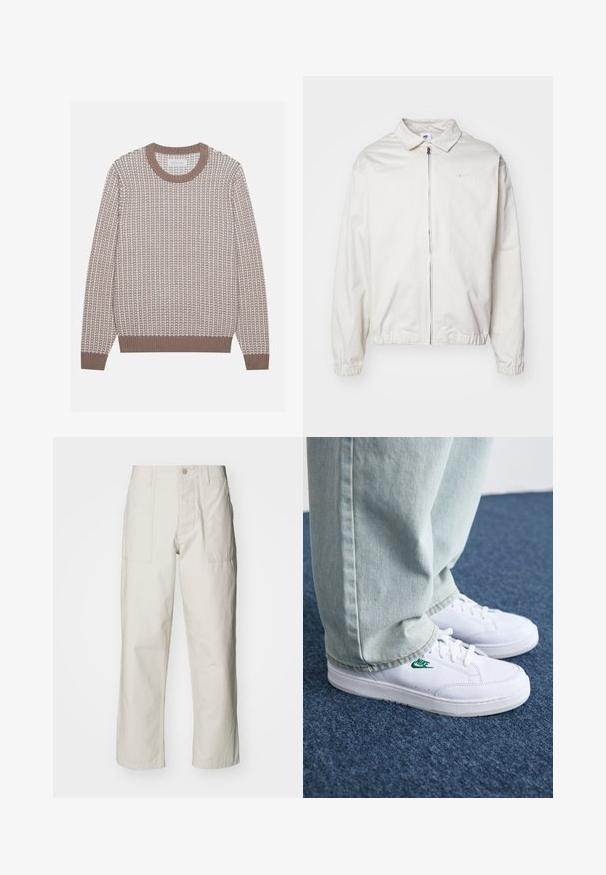 Veste Nike blanche et légère avec un col, fermeture éclair à l'avant, poignets élastiques et un petit logo sur la poitrine gauche. Texture lisse.; Pull à col rond beige avec un motif en tricot texturé, des accents clairs contrastants et des poignets et un ourlet côtelés. Tissu doux avec une coupe décontractée.; Pantalons larges beige clair en coton. Dotés de poches avant et d'une fermeture à bouton. Texture lisse avec de légères lignes verticales.; Baskets en cuir blanc avec logo Nike vert, bout rond, semelle plate, associées à un pantalon en denim bleu clair, présentées sur un tapis bleu.