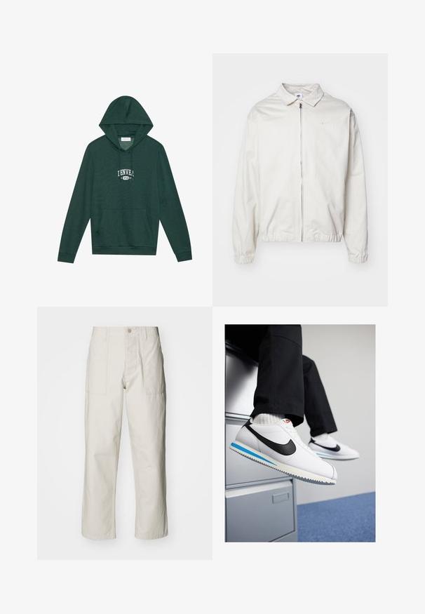 Giacca Nike bianca, leggera, con colletto, zip frontale, polsini elasticizzati e un piccolo logo sul lato sinistro del petto. Texture liscia.; Felpa verde scuro con tasca frontale, stile kangaroo, caratterizzata da una grafica bianca "DENVER USA 96" sul petto, realizzata in morbido materiale di cotone.; Pantaloni a gamba larga beige chiaro in cotone. Presentano tasche frontali e chiusura con bottone. Tessuto liscio con sottili linee verticali.; Sneakers in pelle bianca con uno swoosh Nike nero, suola in gomma leggera blu e grigia, e un classico design con lacci. I piedi poggiano su un armadietto.