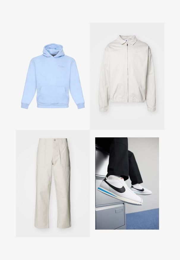 Giacca Nike bianca, leggera, con colletto, zip frontale, polsini elasticizzati e un piccolo logo sul lato sinistro del petto. Texture liscia.; Felpa leggera blu chiaro in morbido tessuto, con tasca frontale, polsini elasticizzati e logo ricamato sul petto.; Pantaloni a gamba larga beige chiaro in cotone. Presentano tasche frontali e chiusura con bottone. Tessuto liscio con sottili linee verticali.; Sneakers in pelle bianca con uno swoosh Nike nero, suola in gomma leggera blu e grigia, e un classico design con lacci. I piedi poggiano su un armadietto.