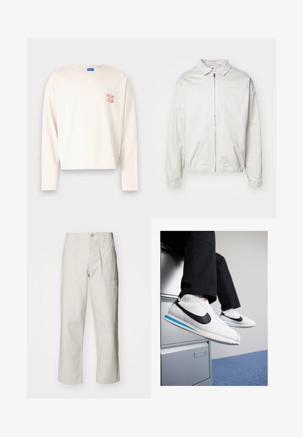 Jachetă Nike albă, ușoară, cu guler, fermoar frontal, manșete elastice și un logo mic pe pieptul stâng. Textură netedă.; Tricou din bumbac crem cu mânecă lungă, cu un design scurt, având un logo grafic roz pe pieptul stâng și un guler clasic de tip crew.; Pantaloni wide-leg de culoare bej deschis, confecționați din bumbac. Dispun de buzunare frontale și închidere cu nasture. Textură netedă cu linii verticale subtile.; Adidași din piele albă cu logo-ul Nike de culoare neagră, talpă din cauciuc bleu deschis și gri, și un design clasic cu șireturi. Picioare odihnindu-se pe un birou de dosare.