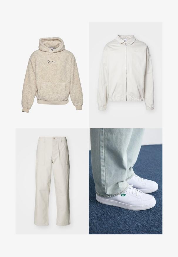 Chaqueta blanca y ligera de Nike con cuello tipo camisa, cremallera frontal, puños elásticos y un pequeño logotipo en el lado izquierdo del pecho. Textura suave.; Sudadera con capucha de felpa color crema, con un bolsillo frontal, puños ajustados y un sutil detalle del logo en el pecho. Superficie suave y texturizada.; Pantalones de pierna ancha color beige claro, hechos de algodón. Cuentan con bolsillos frontales y cierre de botón. Textura suave con sutiles líneas verticales.; Zapatillas de cuero blanco con logo de Nike verde, puntera redonda, suela plana, combinadas con pantalones de mezclilla azul claro, sobre una alfombra azul.