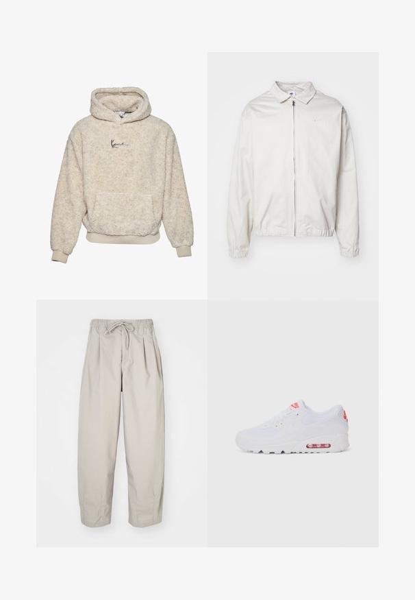 White, lightweight Nike jacket with a collared neckline, front zipper, elastic cuffs, and a small logo on the left chest. Smooth texture.; Cream-colored fleece pullover hoodie with a front pocket, fitted cuffs, and a subtle logo detail on the chest. Soft, textured surface.; Beige, lightweight trousers with an elastic waistband and drawstring. Features pleats and a loose fit, crafted from soft, smooth fabric.; White athletic sneaker featuring a smooth upper, lace closure, cushioned sole, and a visible air unit with red accents on the branding.
