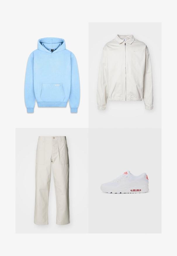 Veste Nike blanche et légère avec un col, fermeture éclair à l'avant, poignets élastiques et un petit logo sur la poitrine gauche. Texture lisse.; Hoodie bleu clair en tissu doux, avec une poche frontale, des poignets côtelés et une capuche à cordon. Minimalisme de la marque sur la poche.; Pantalons larges beige clair en coton. Dotés de poches avant et d'une fermeture à bouton. Texture lisse avec de légères lignes verticales.; Baskets de sport blanches avec une tige lisse, un système de laçage, une semelle rembourrée et une unité d'air visible avec des accents rouges sur le logo.