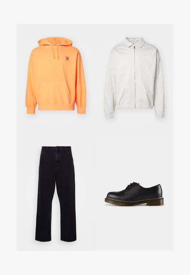 Bela, lahka Nike jakna z ovratnikom, sprednjim zadrgo, elastičnimi manšetami in majhnim logotipom na levem prsnem delu. Gladka tekstura.; Pomarančna bombažna kapuca s sprednjim žepom, kapuco s vrvico in majhnim znamčenjem na levem prsnem delu. Mehka tekstura.; Črne denim hlače s ravnim krojem, z gumbom in zadrgo, pasom za obleko ter minimalnimi šivi.; Črn usnjen čevelj z zaobljenim nosom, zavezovanje z vezalkami, rumena šivanka ob podplatu in masiven, teksturiran gumijast podplat.