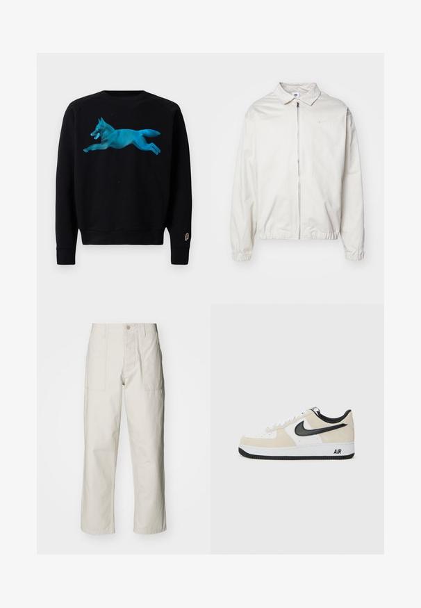 Weiße, leichte Nike-Jacke mit kragenförmigem Ausschnitt, Reißverschluss vorne, elastischen Bündchen und einem kleinen Logo auf der linken Brust. Glatte Textur.; Schwarzer Sweatshirt mit einem türkisfarbenen Grafik eines springenden Fuchses. Verfügt über gerippte Bündchen und Saum sowie ein kleines Eistüten-Logo am Ärmel.; Helle beige weit geschnittene Hose aus Baumwolle. Verfügt über Fronttaschen und einen Knopfverschluss. Glatte Textur mit dezenten vertikalen Streifen.; Sneaker mit einem hellbeigen Wildleder- und weißen Leder-Obermaterial, schwarzem Nike-Swoosh, schwarzen Akzenten und einer weißen Gummisohle mit "AIR"-Branding.