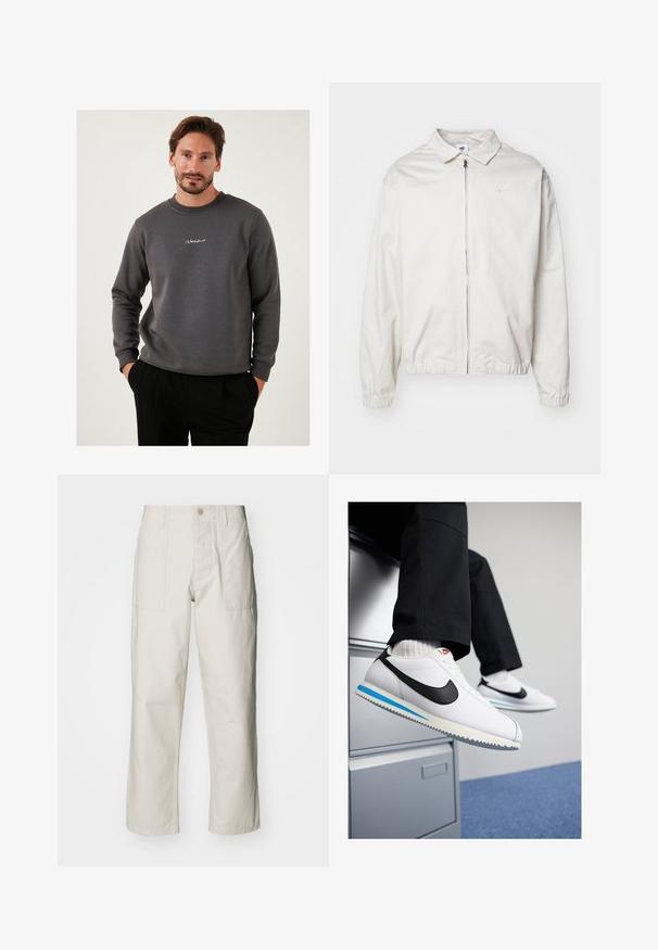 Giacca Nike bianca, leggera, con colletto, zip frontale, polsini elasticizzati e un piccolo logo sul lato sinistro del petto. Texture liscia.; Felpa grigia realizzata in materiale morbido, con collo rotondo e logo ricamato sul petto. Maniche lunghe e design dal fit rilassato.; Pantaloni a gamba larga beige chiaro in cotone. Presentano tasche frontali e chiusura con bottone. Tessuto liscio con sottili linee verticali.; Sneakers in pelle bianca con uno swoosh Nike nero, suola in gomma leggera blu e grigia, e un classico design con lacci. I piedi poggiano su un armadietto.