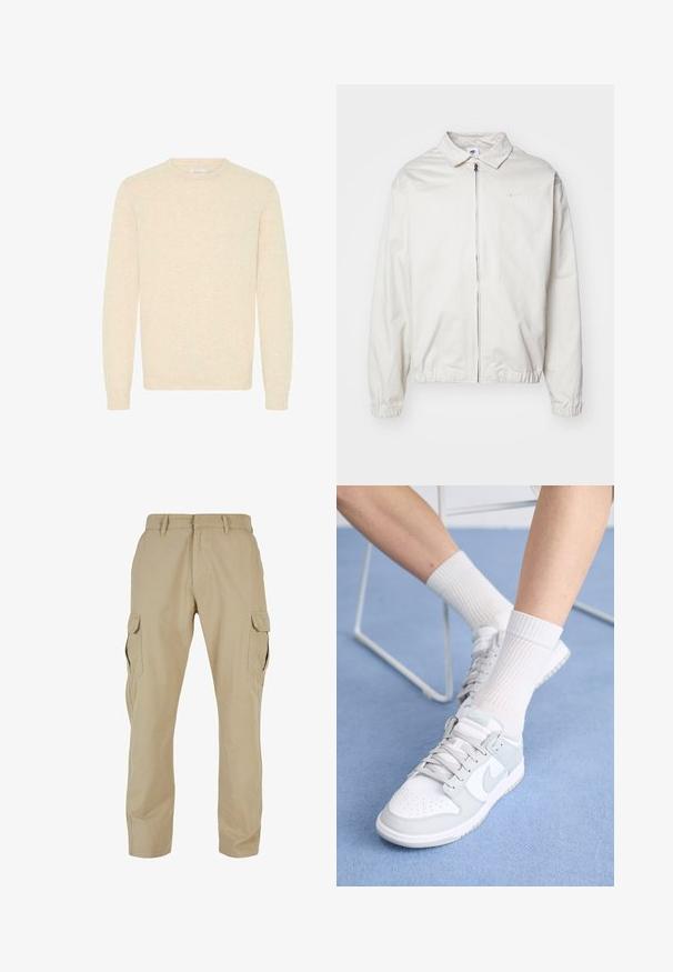Bílá, lehká bunda Nike s límečkem, předním zipem, elastickými manžetami a malým logem na levé hrudi. Hladký povrch.; Svetle béžový svetr vyrobený z měkké pleteniny, s kulatým výstřihem a dlouhými rukávy, s žebrovanými lemy a spodním okrajem.; Beige cargo kalhoty vyrobené z bavlněného kepru, s několika bočními kapsami, rovný střih a zipovým zapínáním s poutky na opasek.; Bílé tenisky s světle modrými akcenty, kožený svršek, perforovaný špička, silné tkaničky a žebrované bílé ponožky na modrém pozadí.