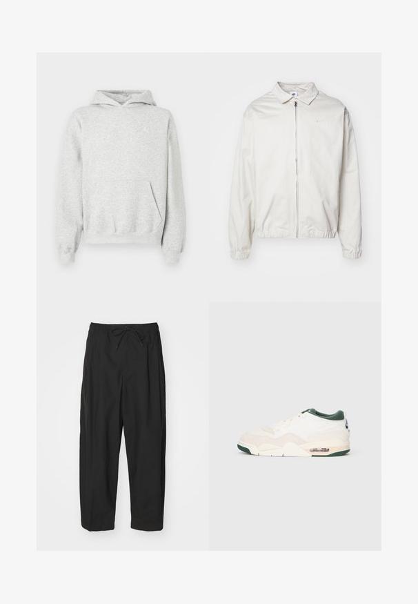 Veste Nike blanche et légère avec un col, fermeture éclair à l'avant, poignets élastiques et un petit logo sur la poitrine gauche. Texture lisse.; Sweat à capuche gris en tissu mélange de coton, avec une poche kangourou, des poignets et un ourlet en côtes, et un logo blanc sur la poitrine gauche.; Pantalons noirs avec une taille élastique, fermeture par cordon de serrage et coupe ample. Fabriqués dans un tissu lisse, présentant un design minimaliste.; Basket avec une tige en daim beige clair et en mesh, accents verts, et une unité de coussin d'air visible au niveau du talon. Fermeture à lacets plate.