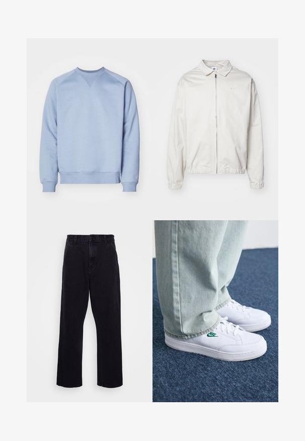 Weiße, leichte Nike-Jacke mit kragenförmigem Ausschnitt, Reißverschluss vorne, elastischen Bündchen und einem kleinen Logo auf der linken Brust. Glatte Textur.; Hellblaues Sweatshirt aus Baumwollmischung. Es hat einen Rundhalsausschnitt, gerippte Bündchen und einen gerippten Saum sowie ein dreieckiges Nähdetail am Kragen.; Schwarze Jeanshose mit geradem Bein, ausgestattet mit einem Knopf- und Reißverschluss, Gürtelschlaufen und minimalen Nähdetails.; Weiße Leder-Sneaker mit grünem Nike-Logo, runde Zehenpartie, flache Sohle, kombiniert mit hellblauen Jeans, präsentiert auf einem blauen Teppich.