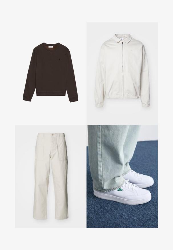 Chaqueta blanca y ligera de Nike con cuello tipo camisa, cremallera frontal, puños elásticos y un pequeño logotipo en el lado izquierdo del pecho. Textura suave.; Pier One Sudadera - dark brown; Pantalones de pierna ancha color beige claro, hechos de algodón. Cuentan con bolsillos frontales y cierre de botón. Textura suave con sutiles líneas verticales.; Zapatillas de cuero blanco con logo de Nike verde, puntera redonda, suela plana, combinadas con pantalones de mezclilla azul claro, sobre una alfombra azul.