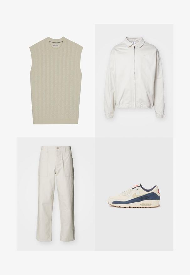 Veste Nike blanche et légère avec un col, fermeture éclair à l'avant, poignets élastiques et un petit logo sur la poitrine gauche. Texture lisse.; Pull en tricot sans manches beige avec motif en câble. Dispose d'un col rond côtelé et d'un ourlet. Texture douce et design léger.; Pantalons larges beige clair en coton. Dotés de poches avant et d'une fermeture à bouton. Texture lisse avec de légères lignes verticales.; Baskets avec un dessus en cuir crème et en suède bleu marine, dotées d'une semelle à air visible, d'une semelle en caoutchouc beige et d'un accent rouge au talon.