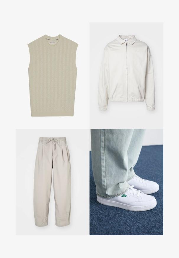 White, lightweight Nike jacket with a collared neckline, front zipper, elastic cuffs, and a small logo on the left chest. Smooth texture.; Beige sleeveless knitted sweater with cable pattern. Features a ribbed crew neckline and hem. Soft texture and lightweight design.; Beige, lightweight trousers with an elastic waistband and drawstring. Features pleats and a loose fit, crafted from soft, smooth fabric.; White leather sneakers with green Nike logo, round toe, flat sole, paired with light blue denim pants, shown on a blue carpet.