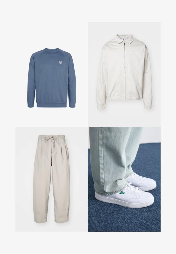 Bela, lahka Nike jakna z ovratnikom, sprednjim zadrgo, elastičnimi manšetami in majhnim logotipom na levem prsnem delu. Gladka tekstura.; Modra jopica iz mehke bombažne tkanine, z okroglim izrezom, raglan rokavi in majhnim okroglim logotipom na zgornjem levem delu prsnega koša.; Bež hlače iz lahkega materiala z elastičnim pasom in vrvico. Imajo gube in ohlapen kroj, izdelane so iz mehkega, gladkega blaga.; Bela usnjena športna obutev z zelenim Nike logotipom, okrogla konica, ravna podplat, v kombinaciji z svetlo modrimi kavbojkami, prikazana na modrem preprogu.