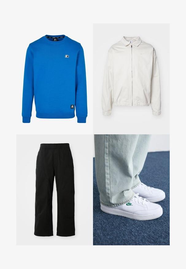 Balta, lengva Nike striukė su apykakle, priekiniais užtrauktuku, elastingomis rankogaliais ir maža logotipu kairiajame krūtinės kampe. Lygus paviršius.; Mėlyna džinsinė megztinis su apykakle, pagamintas iš medvilnės mišinio, su įtempiamomis rankogaliais ir apatine juosta. Yra mažas juodas ir baltas logotipas ant krūtinės.; Juodi medvilniniai kelnių su elastinga juosta, plačiomis kojomis ir didelėmis šoninėmis kišenėmis. Audinys atrodo minkštas ir glotnus.; Balti odiniai sportbačiai su žaliu Nike logotipu, apvalia nosimi, plokščiu padu, derinami su šviesiai mėlynomis džinsinėmis kelnėmis, rodomi ant mėlynos kiliminės dangos.