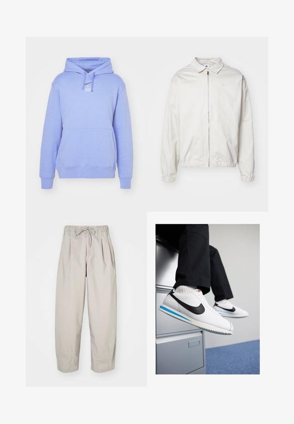 Jachetă Nike albă, ușoară, cu guler, fermoar frontal, manșete elastice și un logo mic pe pieptul stâng. Textură netedă.; Nike Sportswear HOODIE - Bluză de molton - royal pulse; Pantaloni bej, ușori, cu talie elastică și șnur. Prezintă pliseuri și o croială lejeră, realizată dintr-un material moale și neted.; Adidași din piele albă cu logo-ul Nike de culoare neagră, talpă din cauciuc bleu deschis și gri, și un design clasic cu șireturi. Picioare odihnindu-se pe un birou de dosare.