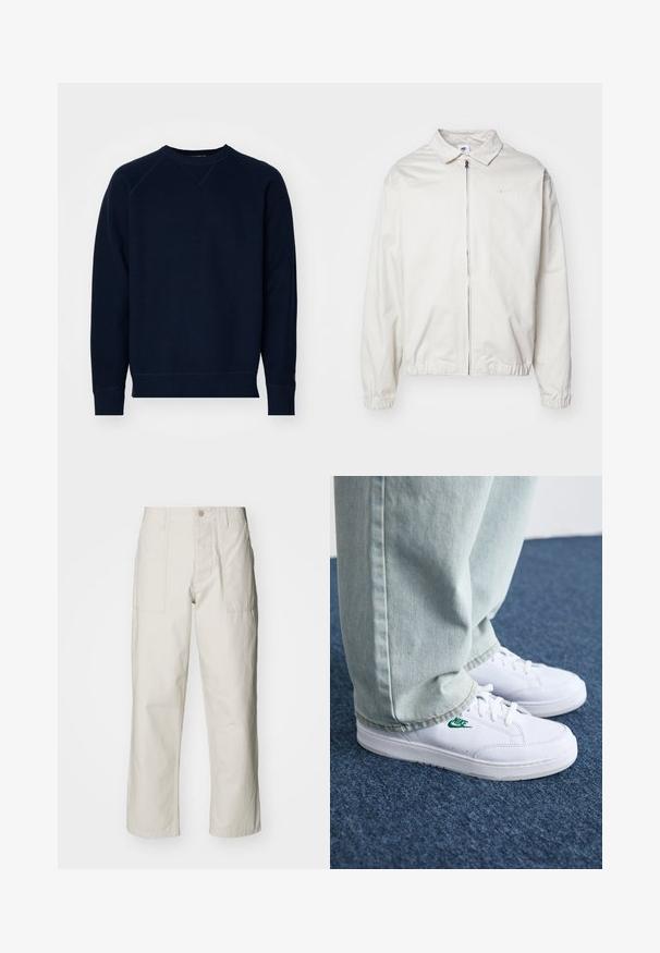 Weiße, leichte Nike-Jacke mit kragenförmigem Ausschnitt, Reißverschluss vorne, elastischen Bündchen und einem kleinen Logo auf der linken Brust. Glatte Textur.; Marineblaue Sweatshirt mit strukturiertem Stoff, Rundhalsausschnitt und Raglanärmeln. Mit gerippten Bündchen und Saum. Minimale Markenkennzeichnung am Ärmel.; Helle beige weit geschnittene Hose aus Baumwolle. Verfügt über Fronttaschen und einen Knopfverschluss. Glatte Textur mit dezenten vertikalen Streifen.; Weiße Leder-Sneaker mit grünem Nike-Logo, runde Zehenpartie, flache Sohle, kombiniert mit hellblauen Jeans, präsentiert auf einem blauen Teppich.
