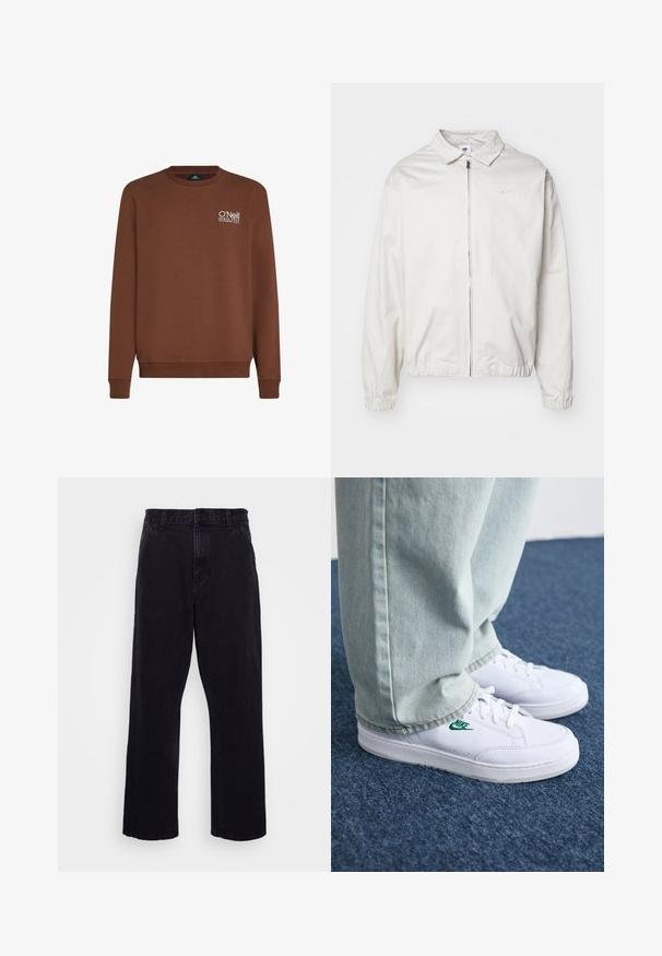 Veste Nike blanche et légère avec un col, fermeture éclair à l'avant, poignets élastiques et un petit logo sur la poitrine gauche. Texture lisse.; Sweatshirt marron à manches longues et col rond côtelé. Présente un logo brodé blanc sur la poitrine gauche. Tissu doux avec une texture lisse.; T-shirt en coton blanc à manches courtes et col rond. Présente un petit logo Nike subtil sur la poitrine et une étiquette sur le côté.; Pantalons en denim noir avec une coupe droite, dotés d'une fermeture à bouton et à zip, de passants de ceinture et de coutures minimales.; Baskets en cuir blanc avec logo Nike vert, bout rond, semelle plate, associées à un pantalon en denim bleu clair, présentées sur un tapis bleu.