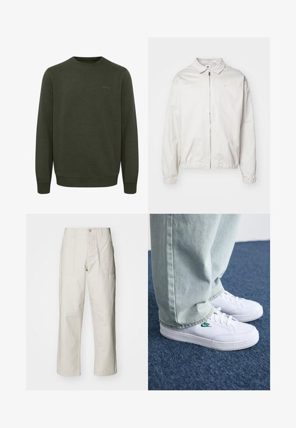 White, lightweight Nike jacket with a collared neckline, front zipper, elastic cuffs, and a small logo on the left chest. Smooth texture.; Olive green sweatshirt made from soft fabric, featuring a round neckline, long sleeves, and ribbed cuffs. Subtle "blend" logo in matching color.; Light beige wide-leg pants made of cotton. Features front pockets and a button closure. Smooth texture with subtle vertical lines.; White leather sneakers with green Nike logo, round toe, flat sole, paired with light blue denim pants, shown on a blue carpet.