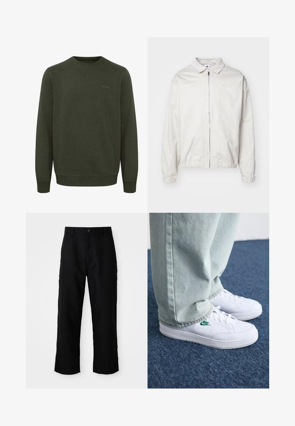 White, lightweight Nike jacket with a collared neckline, front zipper, elastic cuffs, and a small logo on the left chest. Smooth texture.; Olive green sweatshirt made from soft fabric, featuring a round neckline, long sleeves, and ribbed cuffs. Subtle "blend" logo in matching color.; Black straight-leg pants with belt loops, front button, and zip closure on plain light background.; White leather sneakers with green Nike logo, round toe, flat sole, paired with light blue denim pants, shown on a blue carpet.