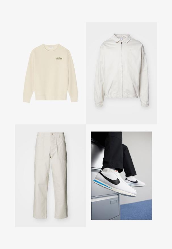 Bela, lahka Nike jakna z ovratnikom, sprednjim zadrgo, elastičnimi manšetami in majhnim logotipom na levem prsnem delu. Gladka tekstura.; Bež pulover z okrolim izrezom, dolgimi rokavi in rebrastim robom na dnu. Na prsih ima zelen napis "Club House Miami Beach, Florida".; Svetlo bež široke hlače iz bombaža. Imajo sprednje žepe in gumbasto zapiranje. Gladka tekstura z subtilnimi navpičnimi črtami.; Bele usnjene teniske z črnim Nikeovim simbolom, svetlo modrim in sivo gumijastim podplatom ter klasičnim vezalnim dizajnom. Noge so poležane na omarici za dokumente.