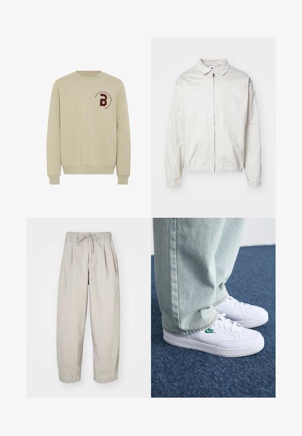 White, lightweight Nike jacket with a collared neckline, front zipper, elastic cuffs, and a small logo on the left chest. Smooth texture.; Beige sweatshirt with a crew neck, long sleeves, and ribbed cuffs. Features a maroon embroidered letter 'B' and a circular text detail.; Beige, lightweight trousers with an elastic waistband and drawstring. Features pleats and a loose fit, crafted from soft, smooth fabric.; White leather sneakers with green Nike logo, round toe, flat sole, paired with light blue denim pants, shown on a blue carpet.
