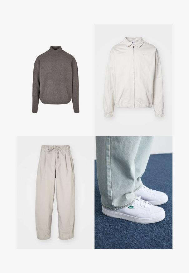 Vit, lättvikts Nike-jacka med krage, dragkedja framtill, elastiska ärmslut och en liten logotyp på vänster bröst. Slät textur.; Grå rullkragekofta gjord av mjukt, strukturerat stickat tyg. Lätt passform, med långa ärmar och ribbade manschetter och nedre fåll.; Beiga, lätta byxor med elastisk midja och dragsko. Funktioner veck och en lös passform, tillverkade av ett mjukt, slätt material.; Vita lädersneakers med grön Nike-logga, rund tå, platt sula, kombinerade med ljusblå denimbyxor, visade på en blå matta.