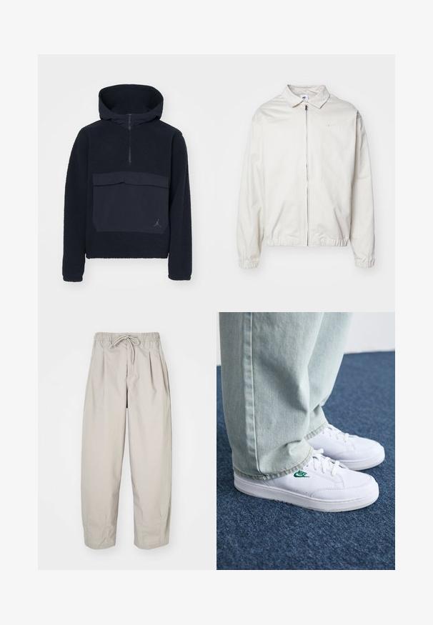 Bela, lahka Nike jakna z ovratnikom, sprednjim zadrgo, elastičnimi manšetami in majhnim logotipom na levem prsnem delu. Gladka tekstura.; Jordan FLIGHT - Pulover iz flisa - black; Bež hlače iz lahkega materiala z elastičnim pasom in vrvico. Imajo gube in ohlapen kroj, izdelane so iz mehkega, gladkega blaga.; Bela usnjena športna obutev z zelenim Nike logotipom, okrogla konica, ravna podplat, v kombinaciji z svetlo modrimi kavbojkami, prikazana na modrem preprogu.