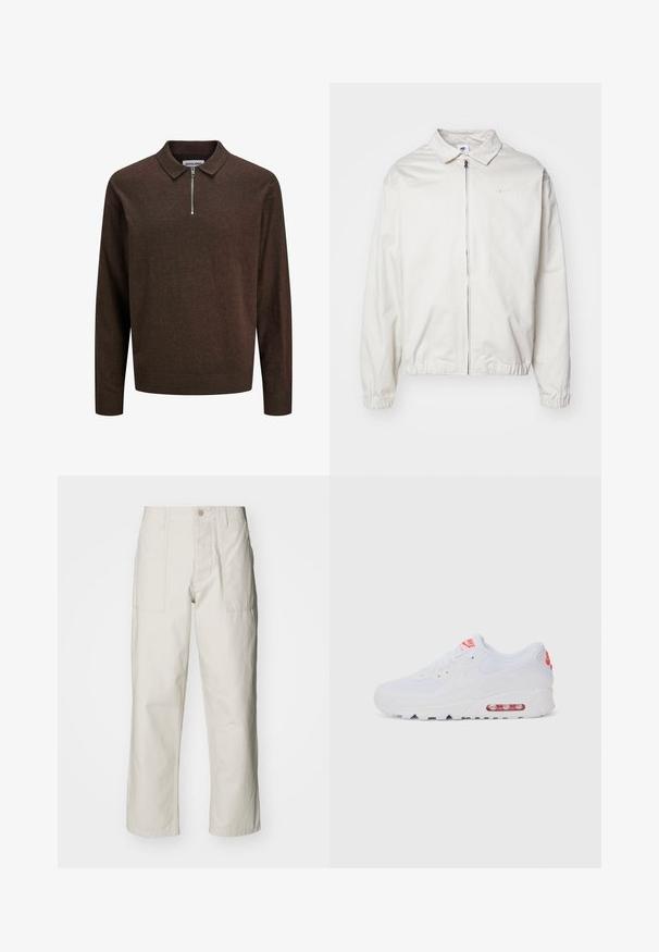 Weiße, leichte Nike-Jacke mit kragenförmigem Ausschnitt, Reißverschluss vorne, elastischen Bündchen und einem kleinen Logo auf der linken Brust. Glatte Textur.; Dunkelbrauner, langärmeliger Strickpullover mit Kragen und halbem Reißverschluss vorne, gerippten Bündchen und Saum, etikettiert mit JACK & JONES.; Helle beige weit geschnittene Hose aus Baumwolle. Verfügt über Fronttaschen und einen Knopfverschluss. Glatte Textur mit dezenten vertikalen Streifen.; Weiße Sportsneaker mit einem glatten Obermaterial, Schnürverschluss, gepolsterter Sohle und einem sichtbaren Luftpolster mit roten Akzenten im Branding.