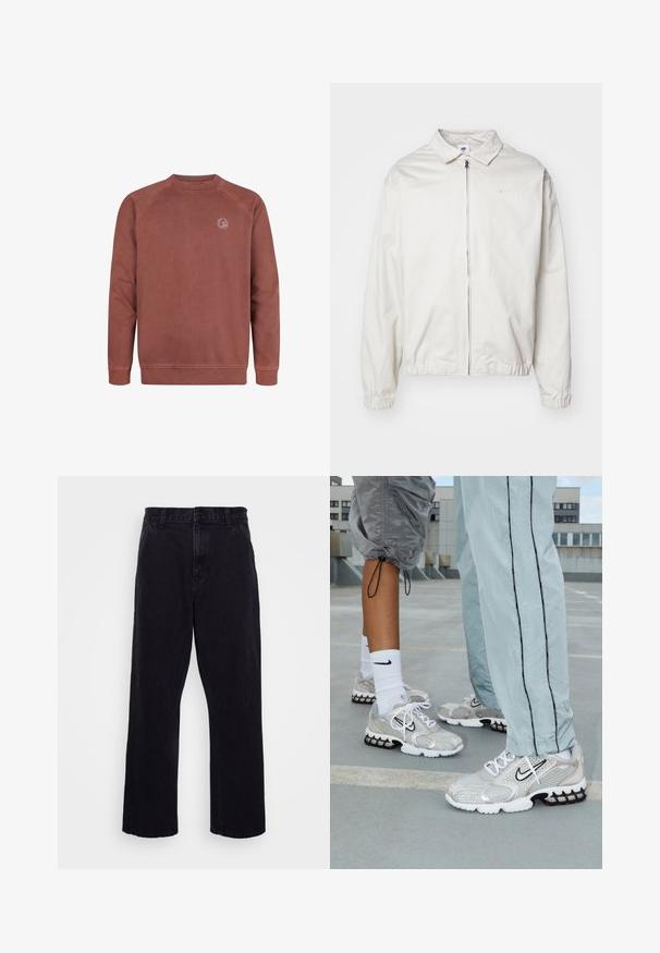 Bela, lahka Nike jakna z ovratnikom, sprednjim zadrgo, elastičnimi manšetami in majhnim logotipom na levem prsnem delu. Gladka tekstura.; Bordo pulover s krojem iz mešanice mehkega bombaža. Ima raglan rokave in majhno logotipno nalepko na prsih. Gladka tekstura, rebrasti manšeti.; Črne denim hlače s ravnim krojem, z gumbom in zadrgo, pasom za obleko ter minimalnimi šivi.; Nike športni copati iz srebrnega mrežnega materiala, ki imajo bele vezalke, črn Swoosh logotip ter črno-rdečo podplat z zračnim oblazinjenjem.