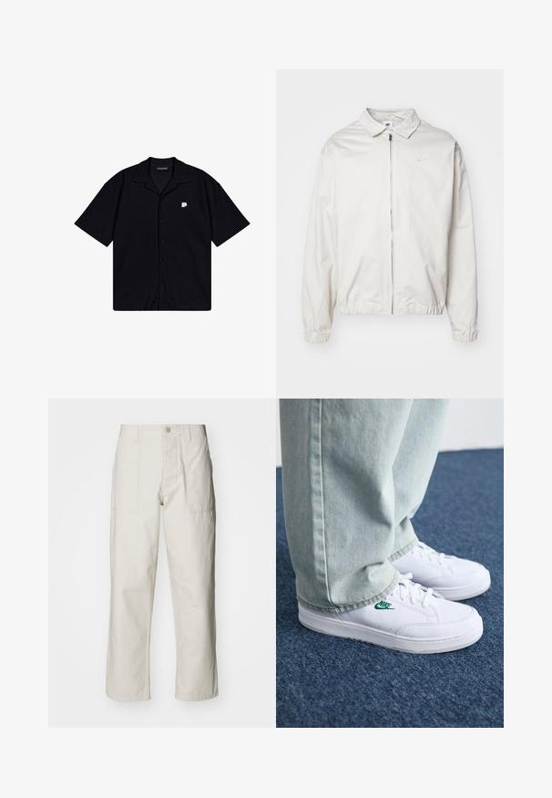 Balta, lengva Nike striukė su apykakle, priekiniais užtrauktuku, elastingomis rankogaliais ir maža logotipu kairiajame krūtinės kampe. Lygus paviršius.; Juodas trumpas rankovėmis marškinėliai su mygtukais, pagaminti iš tekstūruoto audinio, turintys smailų apykaklę ir mažą siuvinėtą logotipą kairiajame krūtinės šone.; Šviesiai pilki plačius kelnes, pagamintas iš medvilnės. Yra priekinės kišenės ir mygtuko uždarymas. Lygus paviršius su subtiliomis vertikaliomis linijomis.; Balti odiniai sportbačiai su žaliu Nike logotipu, apvalia nosimi, plokščiu padu, derinami su šviesiai mėlynomis džinsinėmis kelnėmis, rodomi ant mėlynos kiliminės dangos.