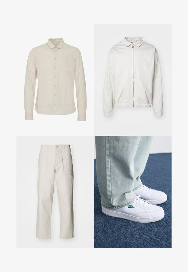 White, lightweight Nike jacket with a collared neckline, front zipper, elastic cuffs, and a small logo on the left chest. Smooth texture.; Light beige long-sleeve shirt with a button-down collar, single chest pocket, and subtle texture. Features front button closure.; Light beige wide-leg pants made of cotton. Features front pockets and a button closure. Smooth texture with subtle vertical lines.; White leather sneakers with green Nike logo, round toe, flat sole, paired with light blue denim pants, shown on a blue carpet.