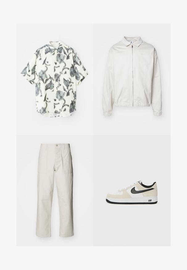 Giacca Nike bianca, leggera, con colletto, zip frontale, polsini elasticizzati e un piccolo logo sul lato sinistro del petto. Texture liscia.; Camicia a maniche corte in tessuto crema con un motivo floreale grigio, dotata di chiusura a bottoni e colletto classico.; Pantaloni a gamba larga beige chiaro in cotone. Presentano tasche frontali e chiusura con bottone. Tessuto liscio con sottili linee verticali.; Sneaker con una parte superiore in suede beige chiaro e pelle bianca, logo Nike Swoosh nero, dettagli neri e una suola in gomma bianca con il marchio "AIR".