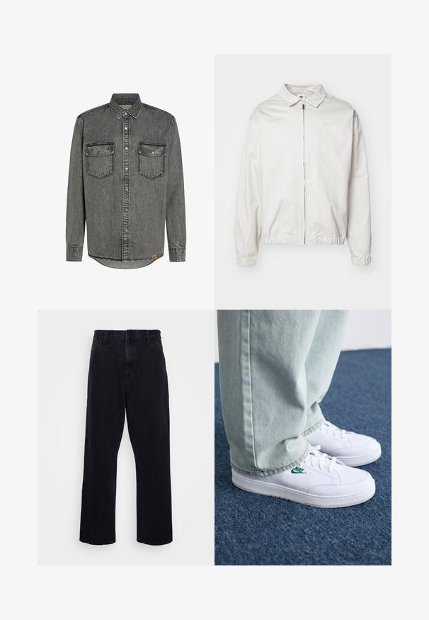 Giacca Nike bianca, leggera, con colletto, zip frontale, polsini elasticizzati e un piccolo logo sul lato sinistro del petto. Texture liscia.; Camicia in denim grigia con maniche lunghe, chiusura a bottoni, due tasche sul petto e cuciture a contrasto. Orlo arrotondato e etichetta sulla parte laterale.; T-shirt bianco in cotone con maniche corte e colletto tondo. Presenta un piccolo e discreto logo Nike sul petto e un'etichetta laterale.; Pantaloni in denim nero con design a gamba dritta, dotati di chiusura con bottone e zip, passanti per cintura e dettagli di cucitura minimi.; Sneakers in pelle bianca con logo Nike verde, punta rotonda, suola piatta, abbinati a pantaloni in denim azzurro, mostrati su un tappeto blu.