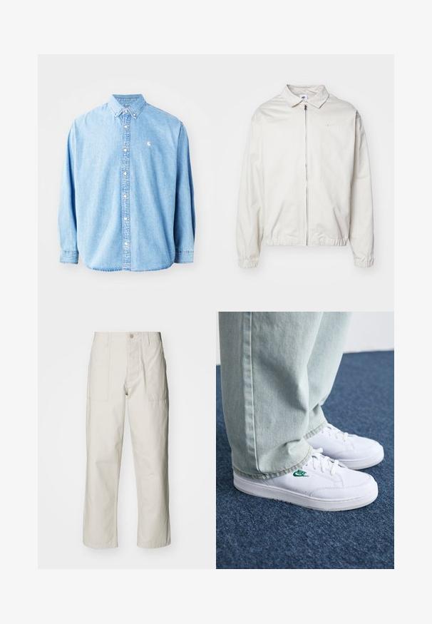 Balta, lengva Nike striukė su apykakle, priekiniais užtrauktuku, elastingomis rankogaliais ir maža logotipu kairiajame krūtinės kampe. Lygus paviršius.; Šviesiai mėlynas džinsinis marškinis su ilgomis rankovėmis, smailiu apykakle ir maža emblemė kairėje krūtinės pusėje. Turi laisvą siluetą ir klasikinį dizainą.; Šviesiai pilki plačius kelnes, pagamintas iš medvilnės. Yra priekinės kišenės ir mygtuko uždarymas. Lygus paviršius su subtiliomis vertikaliomis linijomis.; Balti odiniai sportbačiai su žaliu Nike logotipu, apvalia nosimi, plokščiu padu, derinami su šviesiai mėlynomis džinsinėmis kelnėmis, rodomi ant mėlynos kiliminės dangos.
