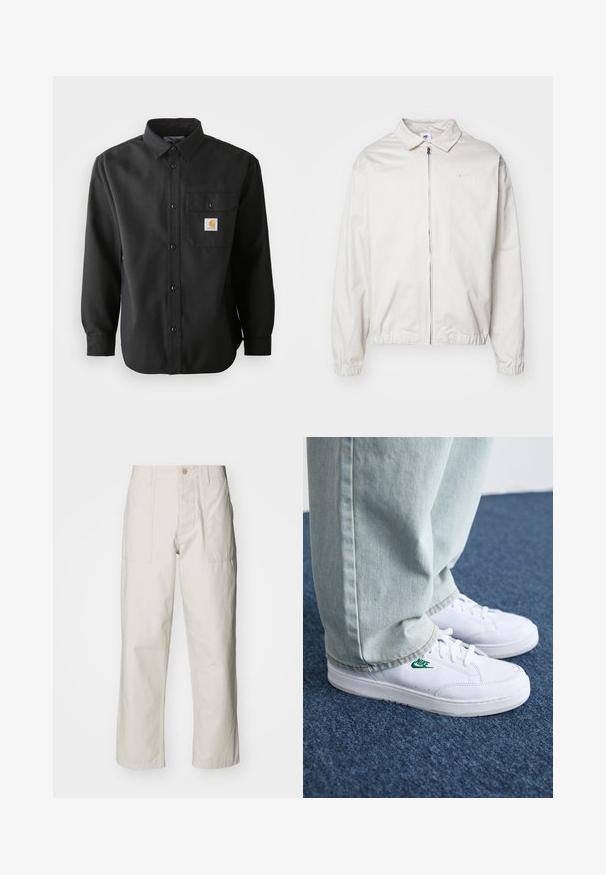 White, lightweight Nike jacket with a collared neckline, front zipper, elastic cuffs, and a small logo on the left chest. Smooth texture.; Black long-sleeve shirt with a buttoned front, pointed collar, and a chest pocket featuring a logo patch. Soft, textured fabric.; Light beige wide-leg pants made of cotton. Features front pockets and a button closure. Smooth texture with subtle vertical lines.; White leather sneakers with green Nike logo, round toe, flat sole, paired with light blue denim pants, shown on a blue carpet.