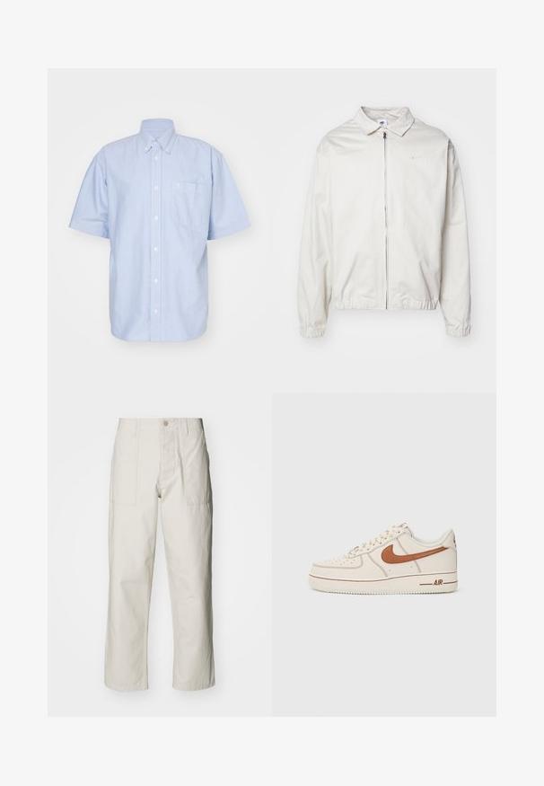 Bílá, lehká bunda Nike s límečkem, předním zipem, elastickými manžetami a malým logem na levé hrudi. Hladký povrch.; Světle modrá krátká košile s knoflíky z bavlněného materiálu. Má límeček a přední kapsu. Jednoduchý design v jednotné barvě.; Světle béžové kalhoty s širokými nohavicemi vyrobené z bavlny. Obsahují přední kapsy a zapínání na knoflík. Hladký povrch s jemnými vertikálními pruhy.; Tenisky Nike Air Force 1 s krémovým koženým svrškem, hnědým logem a detaily prošití. Obsahují zaoblenou špičku a texturovanou gumovou podrážku.