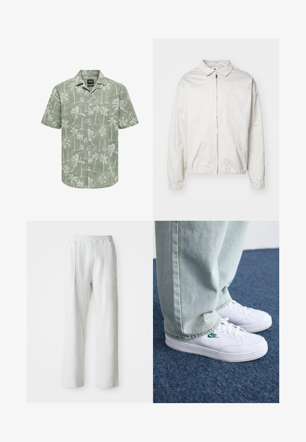 Giacca Nike bianca, leggera, con colletto, zip frontale, polsini elasticizzati e un piccolo logo sul lato sinistro del petto. Texture liscia.; Only & Sons HAWAII AOP NOOS - Camicia - swamp; Pantaloni bianchi casual con vita elastica e grandi tasche frontali, esposti su uno sfondo chiaro e semplice.; Sneakers in pelle bianca con logo Nike verde, punta rotonda, suola piatta, abbinati a pantaloni in denim azzurro, mostrati su un tappeto blu.