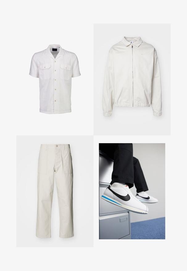 Chaqueta blanca y ligera de Nike con cuello tipo camisa, cremallera frontal, puños elásticos y un pequeño logotipo en el lado izquierdo del pecho. Textura suave.; Camisa de lino blanca de manga corta con cuello, dos bolsillos en el pecho y cierres de botones con botones de color claro.; Pantalones de pierna ancha color beige claro, hechos de algodón. Cuentan con bolsillos frontales y cierre de botón. Textura suave con sutiles líneas verticales.; Zapatillas blancas de cuero con un swoosh negro de Nike, suela de goma en azul claro y gris, y un diseño clásico de cordones. Pies apoyados en un archivero.