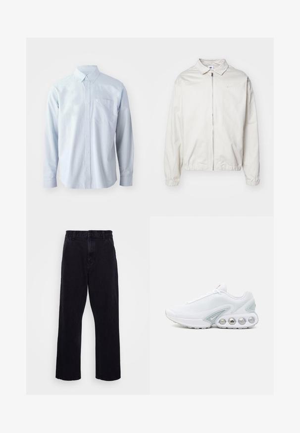 Casaco Nike branco e leve, com gola, fecho frontal, punhos elásticos e um pequeno logótipo no lado esquerdo do peito. Textura suave.; Camisa de manga longa azul clara feita de algodão. Apresenta um colarinho com botões, botões frontais e um bolso no peito do lado esquerdo.; T-shirt de algodão branco com mangas curtas e decote redondo. Apresenta um pequeno e discreto logótipo da Nike no peito e uma etiqueta lateral.; Calças de denim pretas com um design de perna reta, apresentando um fecho de botão e zíper, passantes para cinto e detalhes de costura mínimos.; Sapatilha de malha branca com detalhes cinzas, ponta arredondada e sola acolchoada visível com bolsos de ar circulares e detalhe da marca.