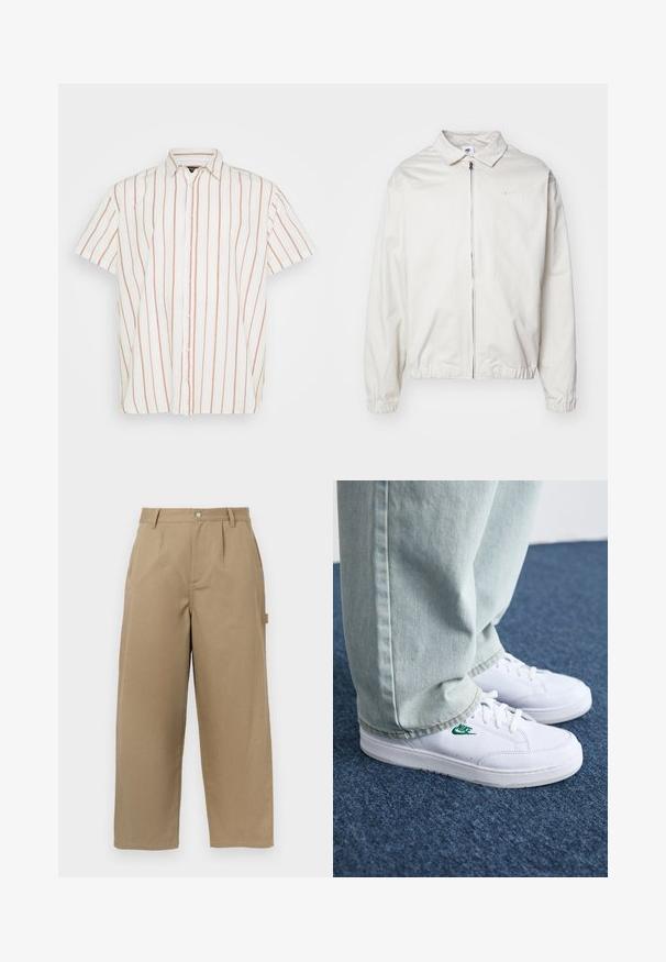 Valge, kerge Nike jakk, milles on krae, ees lukk, elastsed mansetid ja väike logo vasakul rinnal. Sile tekstuur.; Lühikeste varrukatega, nupuga särk valgest kangast, millel on kitsad vertikaalsed punased triibud. Klassikaline krae ja sirge hem design.; Bežid laiad püksid, mis on valmistatud puuvillase segu materjalist, kõrge talje, ees olevate voldikute ja kahe küljetaskuga, millel on nööbiga sulgemine.; Valged nahast tennisetossud rohelise Nike logo ja ümarate varvastega, lamedate taldadega, koos helesiniste teksapükstega, esitatud sinisel vaibal.