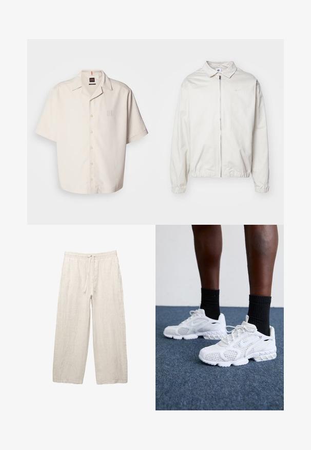 Giacca Nike bianca, leggera, con colletto, zip frontale, polsini elasticizzati e un piccolo logo sul lato sinistro del petto. Texture liscia.; Camicia a maniche corte color crema con bottoni, realizzata in un tessuto morbido, dotata di una piccola tasca con logo quadrato e un design di colletto classico.; Pantaloni in lino di colore beige chiaro, con una vita elastica e cordoncino, design a gamba larga e tasche laterali. Texture liscia.; Scarpe da ginnastica bianche con tomaia in rete, dettagli testurizzati e suola imbottita. Abbinato a calzini neri a coste sopra la caviglia su una superficie in moquette blu.