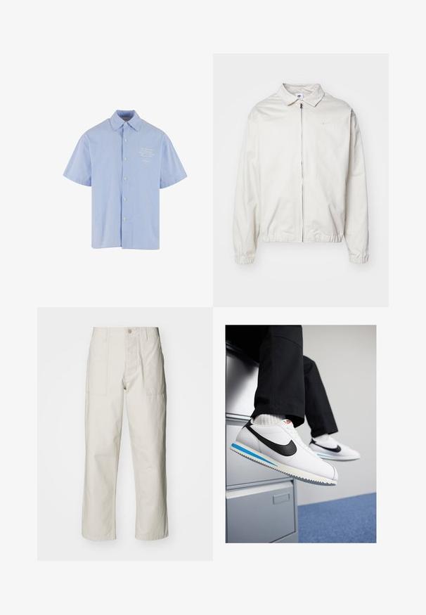 Balta, lengva Nike striukė su apykakle, priekiniais užtrauktuku, elastingomis rankogaliais ir maža logotipu kairiajame krūtinės kampe. Lygus paviršius.; Šviesiai mėlynas trumpų rankoviu marškiniai su baltais dryžiais, klasikiniu apykaklės dizainu ir mažyčiu išsiuvinėtu raštu krūtinėje.; Šviesiai pilki plačius kelnes, pagamintas iš medvilnės. Yra priekinės kišenės ir mygtuko uždarymas. Lygus paviršius su subtiliomis vertikaliomis linijomis.; Baltos odinės sportbačiai su juodu Nike logotipu, šviesiai mėlyna ir pilka guma padais bei klasikiniu raištelių dizainu. Kojos remiasi į dokumentų spintą.