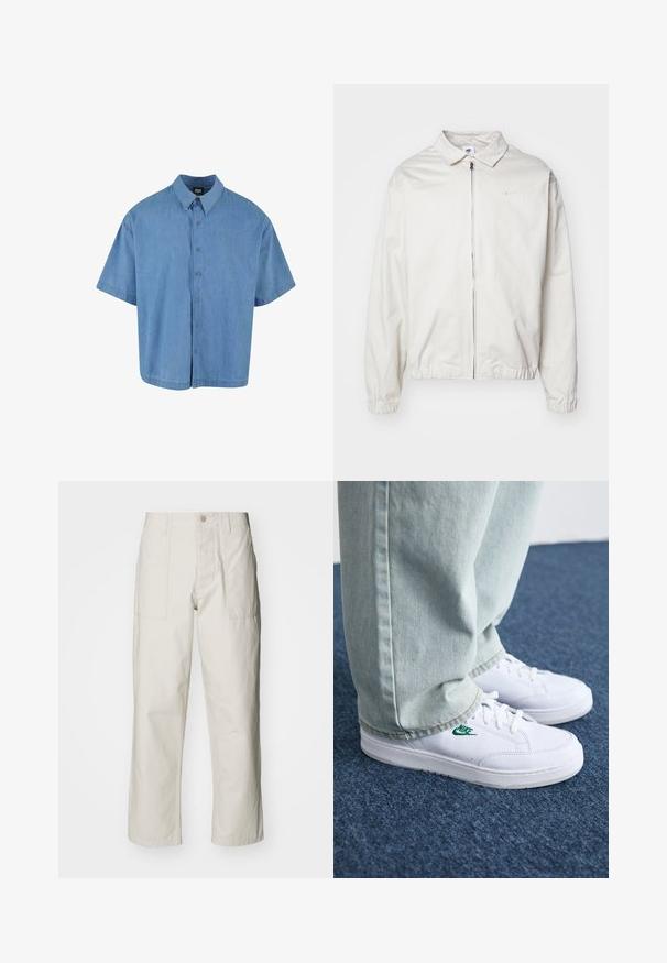 Balta, lengva Nike striukė su apykakle, priekiniais užtrauktuku, elastingomis rankogaliais ir maža logotipu kairiajame krūtinės kampe. Lygus paviršius.; Šviesiai mėlynas trumpomis rankovėmis mygtukų marškinėliai, pagaminti iš džinsinio audinio. Turintys klasikinį apykaklę ir šešis mygtukus priekyje.; Šviesiai pilki plačius kelnes, pagamintas iš medvilnės. Yra priekinės kišenės ir mygtuko uždarymas. Lygus paviršius su subtiliomis vertikaliomis linijomis.; Balti odiniai sportbačiai su žaliu Nike logotipu, apvalia nosimi, plokščiu padu, derinami su šviesiai mėlynomis džinsinėmis kelnėmis, rodomi ant mėlynos kiliminės dangos.