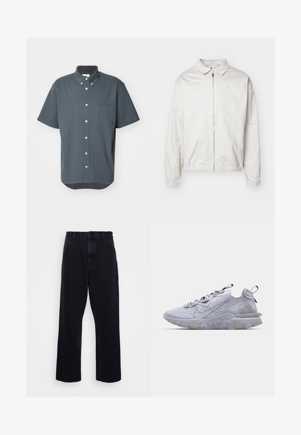 Casaco Nike branco e leve, com gola, fecho frontal, punhos elásticos e um pequeno logótipo no lado esquerdo do peito. Textura suave.; Camisa de botão de mangas curtas em tecido texturizado tipo waffle cinza-escuro, com um bolso no peito e botões brancos. Base arredondada na parte inferior.; T-shirt de algodão branco com mangas curtas e decote redondo. Apresenta um pequeno e discreto logótipo da Nike no peito e uma etiqueta lateral.; Calças de denim pretas com um design de perna reta, apresentando um fecho de botão e zíper, passantes para cinto e detalhes de costura mínimos.; Shoe atlético cinza claro com um cabedal em malha respirável, sola de borracha texturizada e detalhes refletivos. Apresenta um colarinho almofadado e um design de atacadores.