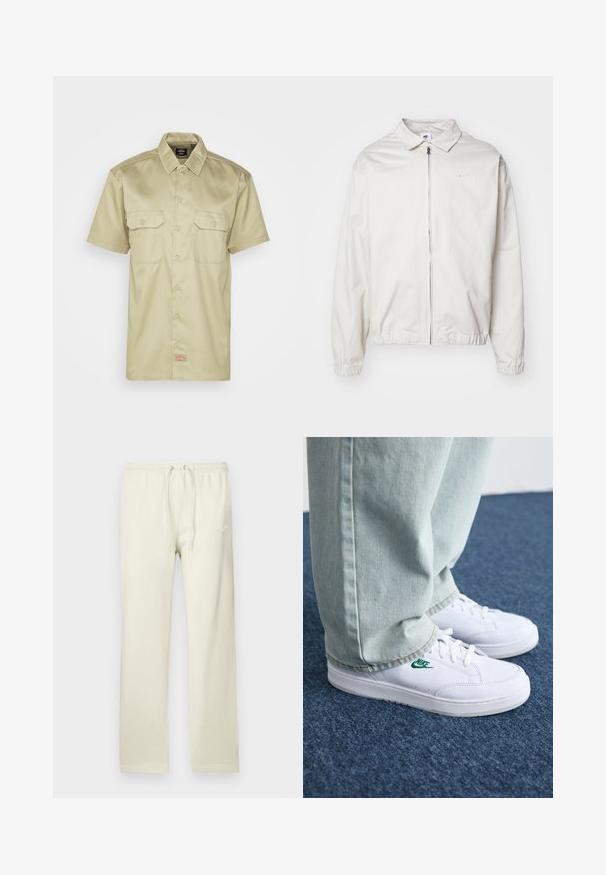 Bela, lahka Nike jakna z ovratnikom, sprednjim zadrgo, elastičnimi manšetami in majhnim logotipom na levem prsnem delu. Gladka tekstura.; Kratke rokave, kaki srajca s gumbi in ovratnikom, dvema prsnih žepoma ter majhnim vezenim logotipom na robu. Gladka tekstura tkanine.; Svetlo bež trenirke s vrvico za zategovanje v pasu, izdelane iz mehke tkanine. Na levi stegnenici je diskretna bela Nikejeva nalepka.; Bela usnjena športna obutev z zelenim Nike logotipom, okrogla konica, ravna podplat, v kombinaciji z svetlo modrimi kavbojkami, prikazana na modrem preprogu.