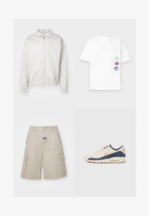 White, lightweight Nike jacket with a collared neckline, front zipper, elastic cuffs, and a small logo on the left chest. Smooth texture.; White short-sleeve t-shirt with a relaxed fit featuring three colorful graphic designs: green flower, purple arrow, and black diamond shape.; MISBHV PERFECT - Shorts - beige; Sneakers with a cream leather and navy suede upper, featuring a visible air sole, beige rubber outsole, and red accent on the heel.