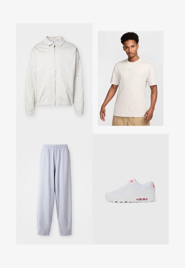 Fehér, könnyű Nike dzseki, galléros nyakkal, elöl cipzárral, elasztikus mandzsettákkal és kis logóval a bal melle részén. Simaszerű textúra.; Rövid göndör hajú férfi bézs Nike pólót és khaki sortot visel, előre néz egy sima világos háttér előtt.; Világoslila, puha anyagból készült jogging nadrág, rugalmas derékkal és húzott bokákkal. Oldalán diszkrét logóval rendelkezik.; Fehér sportcipő, sima felsőrésszel, fűzős zárással, párnázott talppal és látható légpárnával, piros részletekkel a logón.