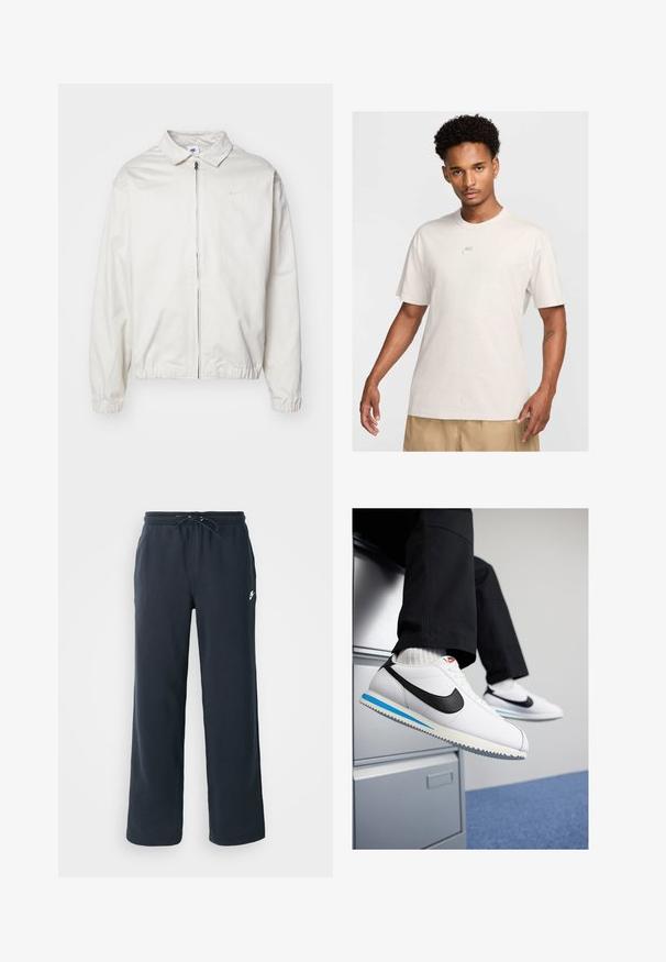 Giacca Nike bianca, leggera, con colletto, zip frontale, polsini elasticizzati e un piccolo logo sul lato sinistro del petto. Texture liscia.; Un uomo con capelli corti e ricci indossa una t-shirt beige Nike e pantaloni corti color khaki, rivolto in avanti contro uno sfondo chiaro e semplice.; Pantaloni della tuta blu scuro con vita elastica e cordino. Realizzati in morbido tessuto, con un piccolo logo bianco sul fianco sinistro.; Sneakers in pelle bianca con uno swoosh Nike nero, suola in gomma leggera blu e grigia, e un classico design con lacci. I piedi poggiano su un armadietto.
