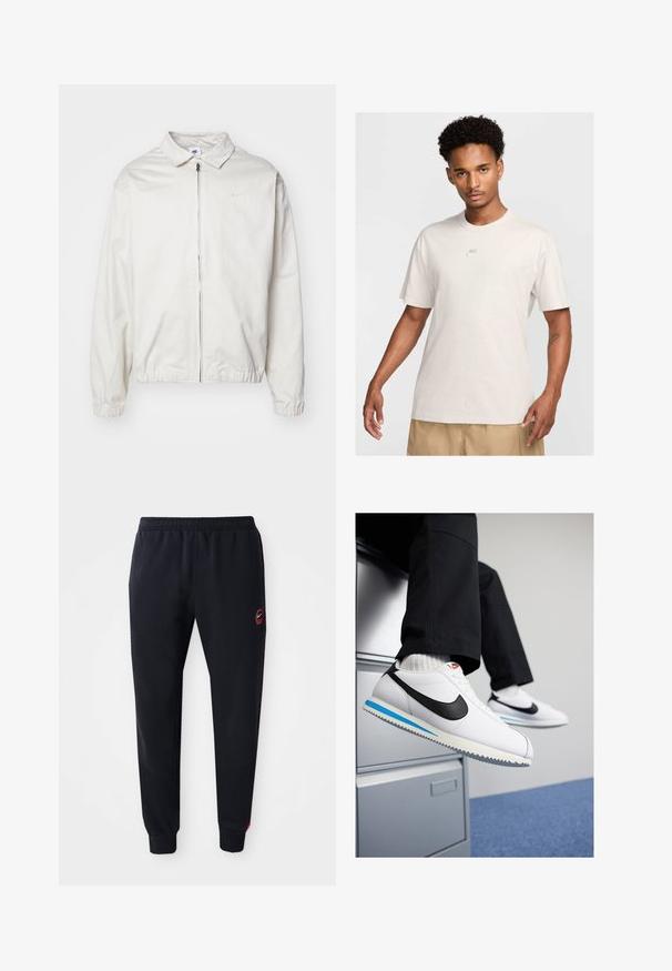 Bijela, lagana Nike jakna s ovratnikom, prednjim patentnim zatvaračem, elastičnim rukavima i malim logom na lijevoj strani prsa. Glatka tekstura.; Muž s kratkom kovrčavom kosom nosi bež Nike majicu i khaki kratke hlače, gleda prema naprijed na jednoličnoj svijetloj pozadini.; Crne trenirke izrađene od mekog materijala, s elastičnom traknom u struku, crvenim bočnim detaljima i Nike logom na lijevoj nadlaktici.; Bijele kožne tenisice s crnim Nike logotipom, svijetloplavi i sivi gumeni potplat te klasičan dizajn vezanja. Noge su naslonjene na ormar.