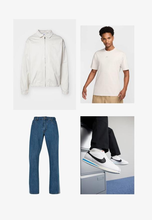 Weiße, leichte Nike-Jacke mit kragenförmigem Ausschnitt, Reißverschluss vorne, elastischen Bündchen und einem kleinen Logo auf der linken Brust. Glatte Textur.; Mann mit kurzem, lockigem Haar trägt ein beiges Nike-T-Shirt und khakifarbene Shorts, sieht frontal vor einem schlichten hellen Hintergrund.; Blaue Jeans mit geradem Bein, die ein klassisches Fünf-Taschen-Design, einen vorderen Knopf- und Reißverschluss sowie sichtbare Nähte aufweisen.; Weisse Ledersneaker mit schwarzem Nike-Swoosh, hellblauem und grauem Gummisohle sowie klassischem Schnürdesign. Füße ruhen auf einem Aktenschrank.